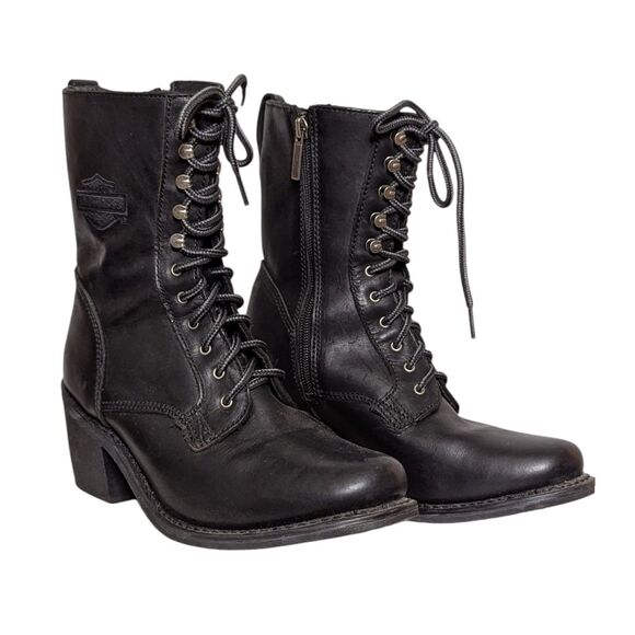 Harley Davidson Black Boots Size 8 Women's Lace Up Moto Biker Combat Heeled - Picture 3 of 15